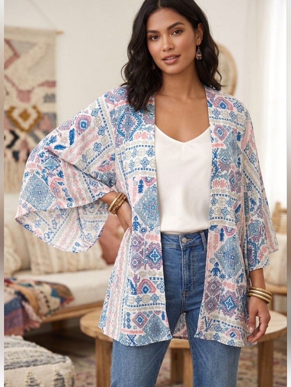 Rockin' C Aztec Print Open Cardigan BLUE/PINK NWT Sz M/L